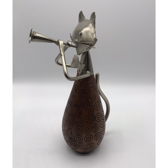 Pier 1 Carved Wood & Metal Cat Figurine Playing Trumpet Horn 10" - Picture 4 of 16